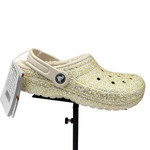 Crocs Youth Girls Slip-on Lined Clogs Sz 3 (J3) Gold Glitter Faux Fur Fuzzy Warm